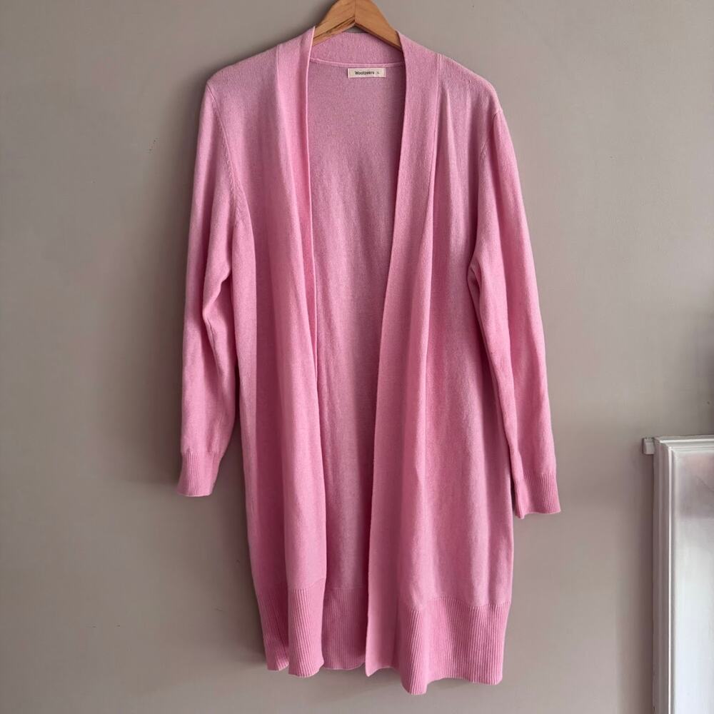 WoolOvers Long Pink Open Front Merino Wool Cashmere Knit Cardigan XL